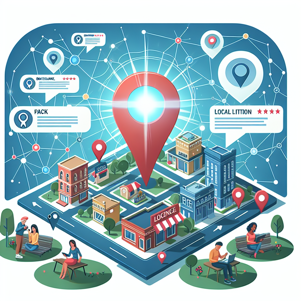 An engaging representation of the concept local citations. Showcase a brick and mortar small business in a lively neighborhood, symbolized by a pin on a virtual map. Detailed around the pin are bubbles of different sizes containing brief business details such as business name, address, phone number, and customer reviews. These bubbles are interconnected through lines, symbolizing online networks. Also include diverse individuals using smartphones and computers, navigating through these virtual listings while seated at a café, park or their homes. Give a sense of power and potential growth coming from these connections, symbolized by radiant, pulsating light emanating from the pin.