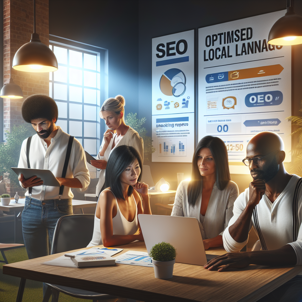 An image depicting a diverse team of four SEO professionals: a Caucasian woman and a Middle-Eastern man working together on a laptop, a South Asian woman studying a report, and a Black man pondering in front of a large screen displaying an optimised local landing page. The team is in an open-concept office with posters highlighting SEO tips for success on the walls. The office has a relaxing yet energetic vibe, reflecting their collaborative effort on a successful digital marketing campaign. In the forefront, a light shining down on a table where a local landing page is displayed on a device.