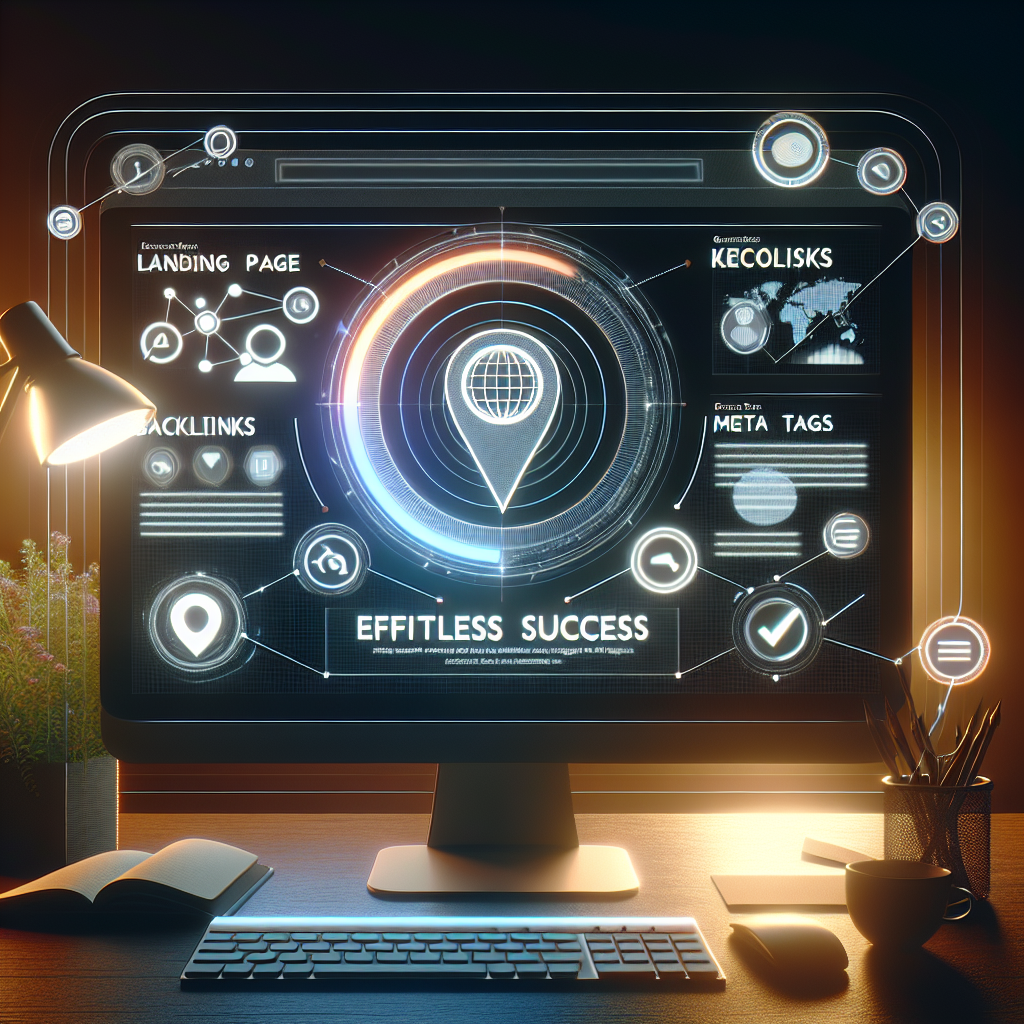 An image showcasing a digital setting where the focus is on local landing pages. Illustrate a landing page with SEO-related elements such as keywords, backlinks, and meta tags along with a geographical icon to signify its local nature. Include a computer screen displaying the landing page design in process. In the background, subtlety visualize the concept of effortless success; perhaps a gradient ambient showing the progress from dawn to noon, symbolizing a successful day's gradual unfold. Also, accentuate 'Effortless Success' text in a stylish, eye-catching way.