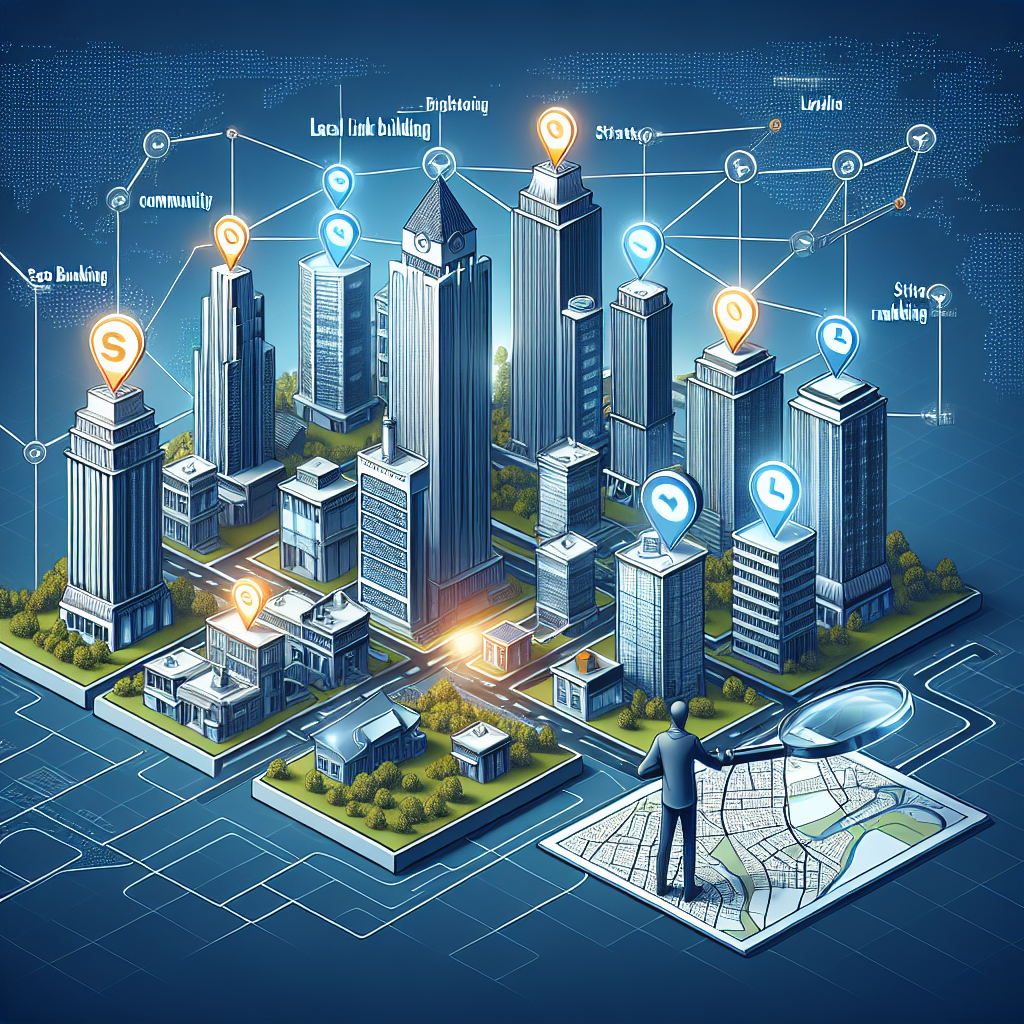 Visualize a scene showcasing local link building strategies. It can depict a detailed cityscape with buildings which are metaphorically connected by links. The skyrise structures signify the different community backlinks - right from small local businesses to the more sizeable entities. Each building can have a digital SEO ranking visible above it. To show the strategy part, portray an individual analyzing the cityscape closely with a roadmap and magnifying glass indicating research and planning for local link building. The scene should reflect the idea of community, networking, strategy planning and local SEO optimization.