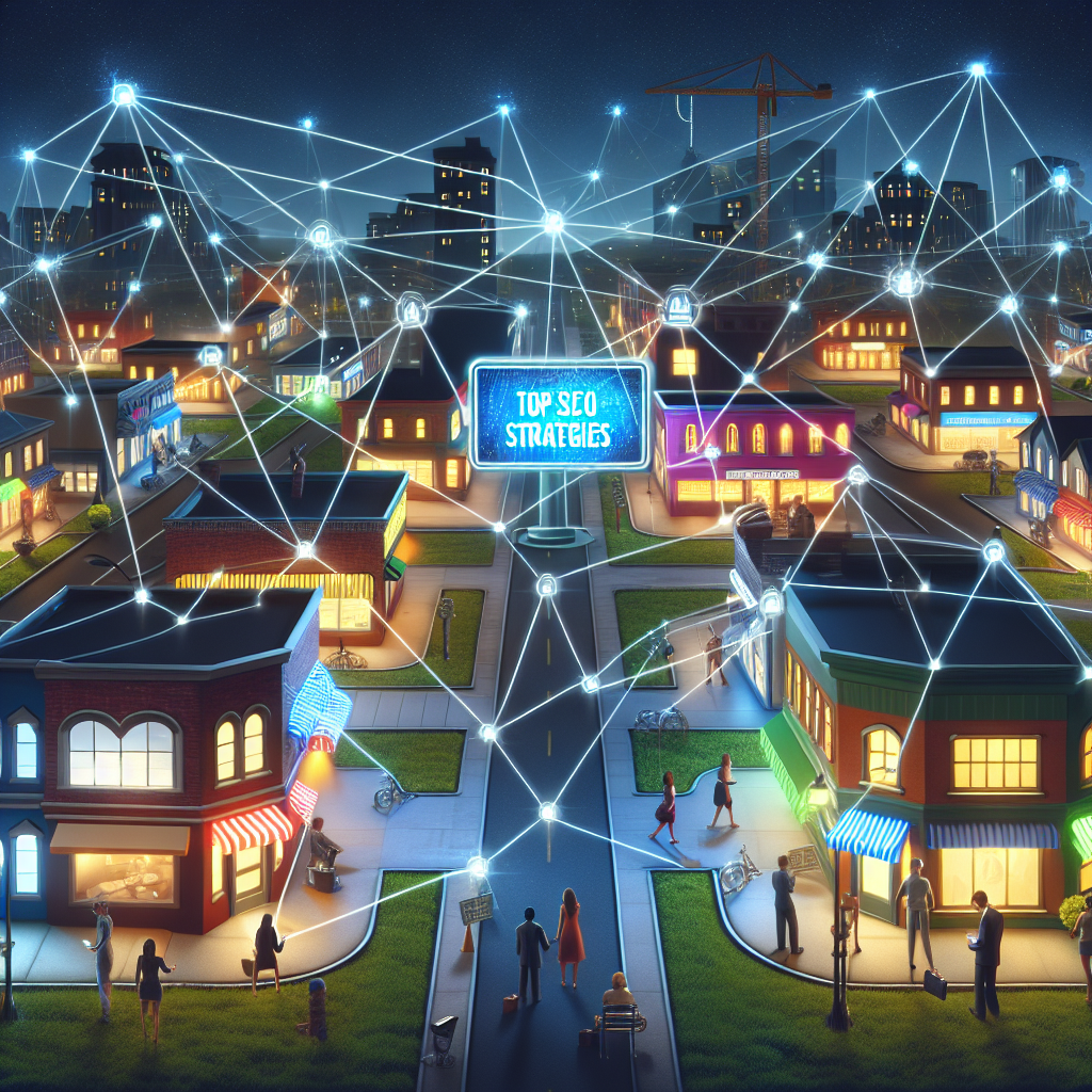 In a bustling town, various businesses, represented by their brick-and-mortar storefronts, are interconnected by glowing strands of links symbolizing community backlinks. In the center, a large digital billboard displays 'Top SEO Strategies'. Around the town, diverse individuals, a South Asian male and a Black female, are actively connecting the strands from their computers, embodying the act of local link building. The existence of construction cranes and more glowing strands emanating from the outskirts of the town point towards the ongoing development and expansion of this digital local community.