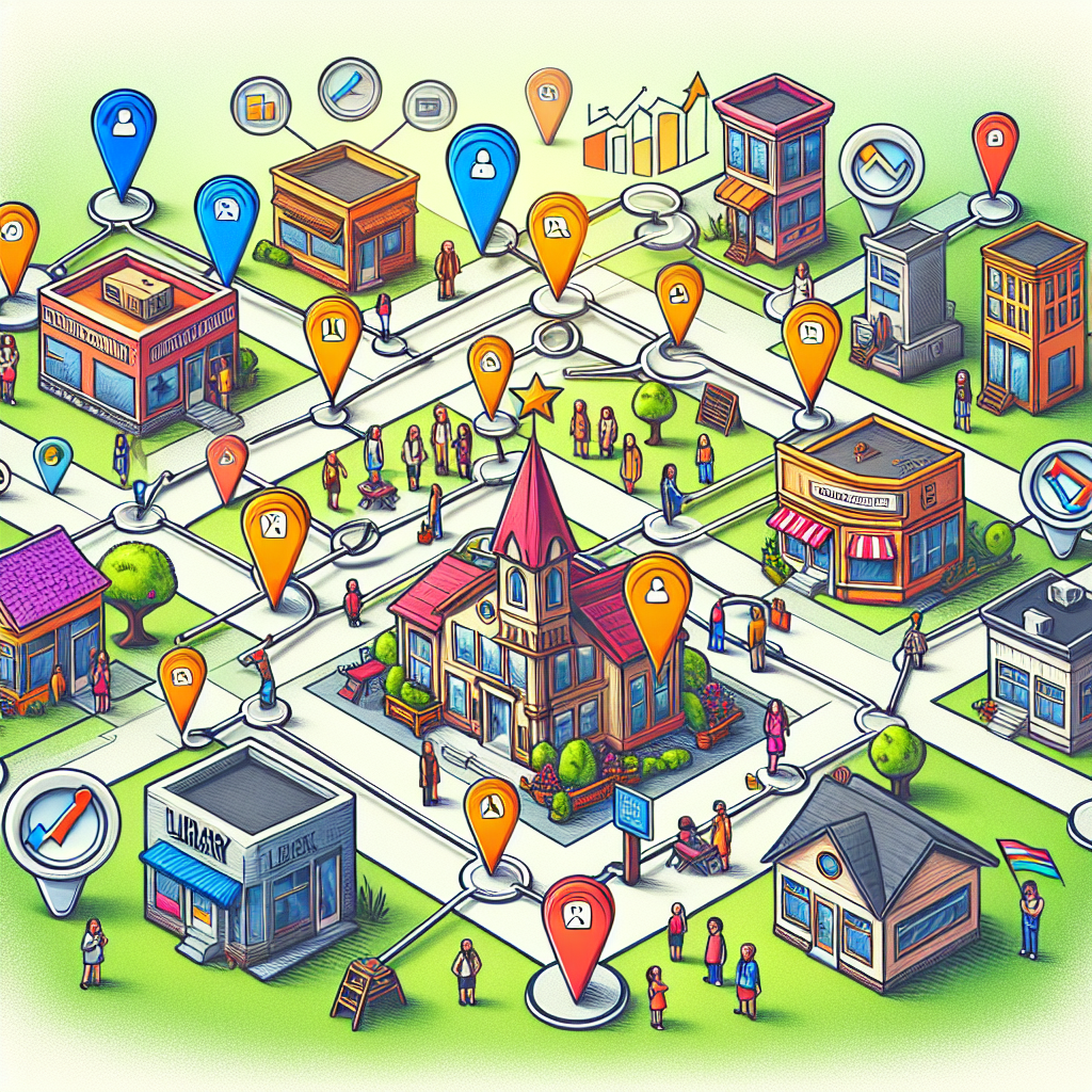 Visualize the concept of local link building strategies for Search Engine Optimization. Illustrate a vibrant town with various important landmarks such as a community center, library, and local shops. Near each landmark, draw symbolized backlinks that join together forming a strong network, signifying the strength of community backlinks. Display some top-ranking metrics floating above this network to denote the results of successful SEO strategies. For a more educational feel, include tiny people of various descents like Caucasian, Hispanic, Black, Middle-Eastern, South Asian, White working together to build these links and boost their town's online presence.