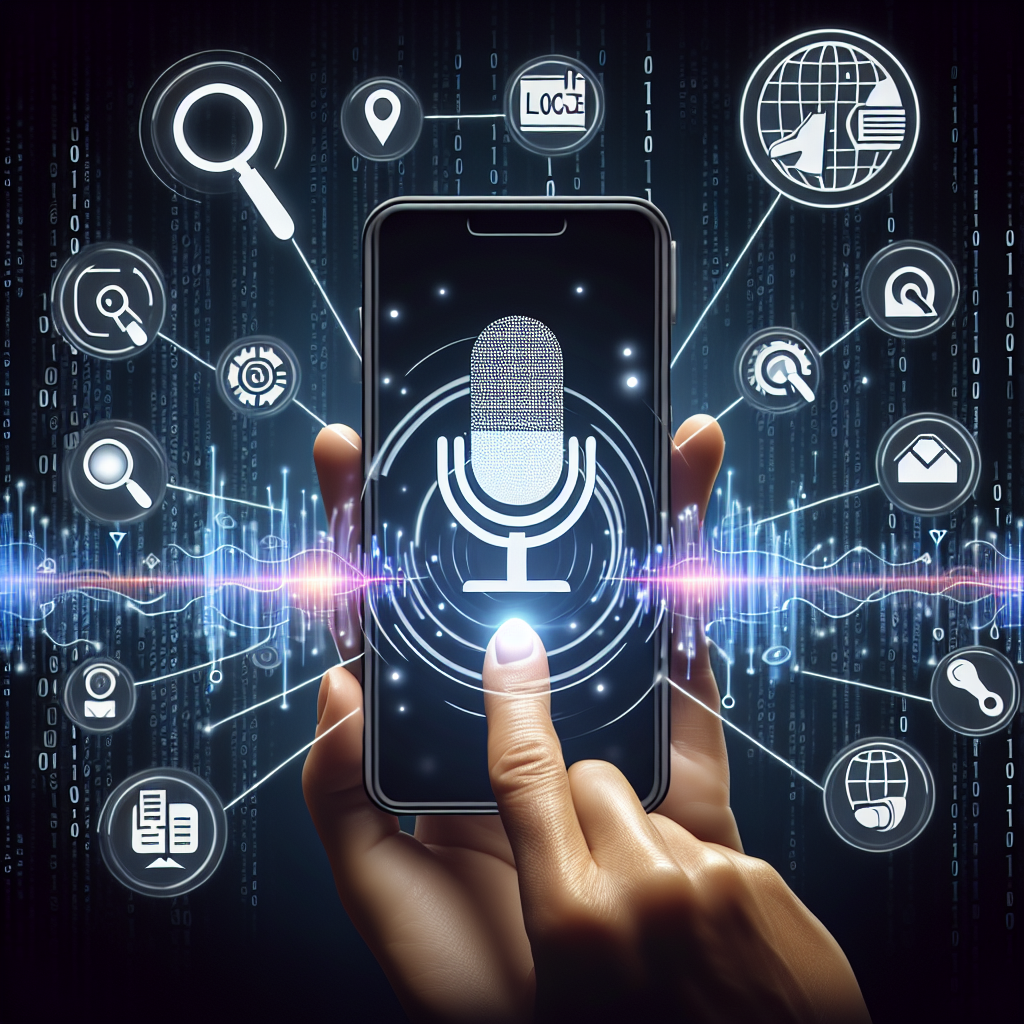 Visually depict the concept of local SEO optimized for voice search. Include an image of a person speaking into a modern smartphone, with illustrated sound waves emanating from it. Display the sound waves morphing into graphical representations of a local map, keywords, and SEO rankings to symbolize the results. Add a background with binary code to represent the digital nature of the process. Include relevant icons, such as magnifying glasses, map markers, and search engine logos. Make sure to keep the composition balanced and clear.