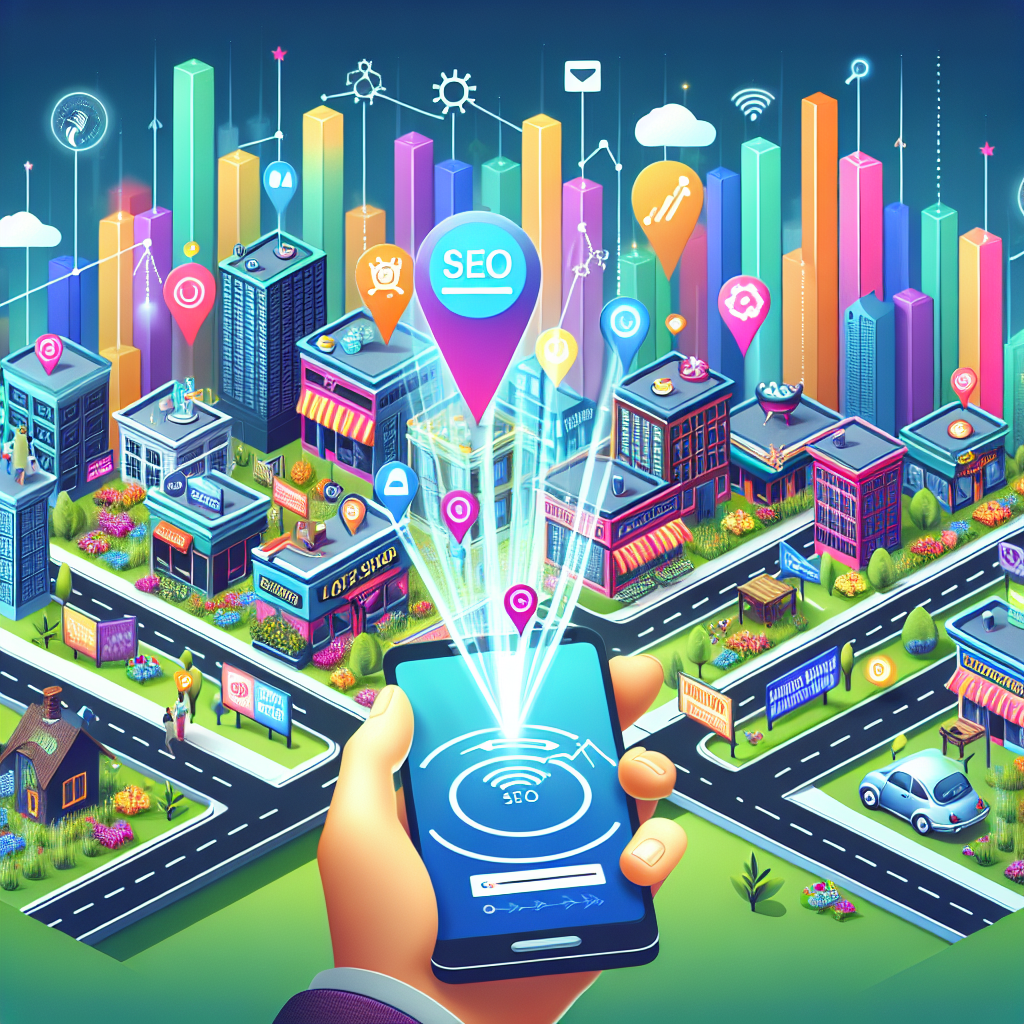 An interactive image showcasing the concept of local Search Engine Optimization (SEO) strategies being used with voice search. It could depict a colorful cityscape teeming with various local businesses - cafes, bookstores, flower shops, and more - each marked with engaging SEO symbols. There's a person holding a smartphone in the foreground, visualizing a voice search command with lively sound waves flowing from the device towards each business. Subtle signs of success such as upwardly moving arrows, improved online rankings and increasing web traffic can be seen.