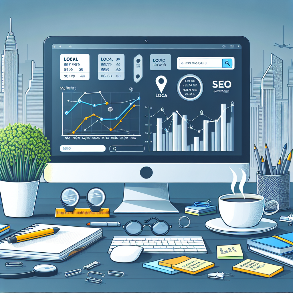 Design an image portraying a work desk of a digital marketing professional focused on Local SEO. The desk should have a computer showing graphs and statistics related to search engine rankings, location markers, and keywords. Also included on the desk is a mix of essential tools such as a notepad for strategizing, a cup of coffee for revitalizing, and a few SEO-related books for referencing. Illustrate a plant on one corner of the desk to give a sense of a calm working environment. In the background, subtly show the outlines of a cityscape representing local businesses.
