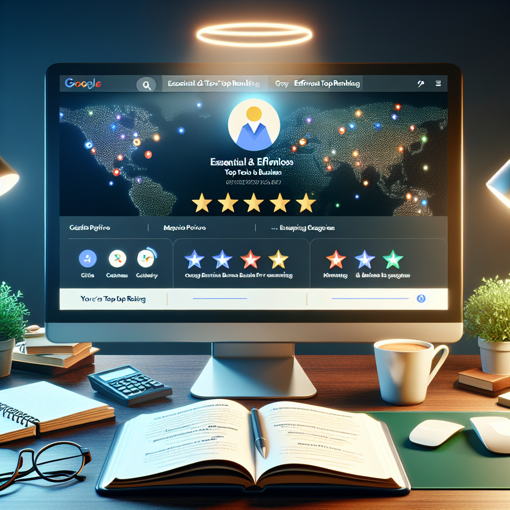 A well-designed desktop computer screen showcasing a Google business profile. The view reflects a highly optimized profile, with maximum five-star ratings, engaging profile picture, and detailed business description. Additionally, there are well-organized categories and tags, as well as a map locating the business. The rest of the desk is composed of an opened notebook with points about the 'Essential & Effortless Top Ranking' strategy, a cup of coffee, and a pair of glasses. A halo-like effect hovers over the screen, symbolizing the top ranking.