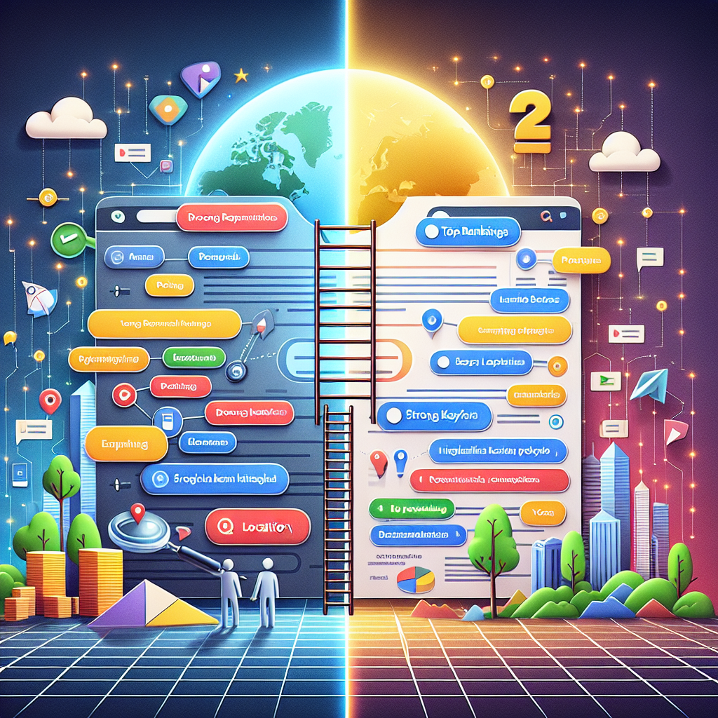 An illustration showing the concept of Google Business Profile Optimization. The image is divided into two halves, showing the difference between an optimized and unoptimized profile. The left half shows a dull, unstructured, and unoptimized profile, filled with random data. The right half portrays a vibrant, organized, and highly optimized profile having meaningful data like strong keywords, pictures, location etc. There is also a ladder reaching towards a banner with the word 'Top Rankings', symbolizing the growth and success that comes with optimization. The atmosphere points towards a digital world.