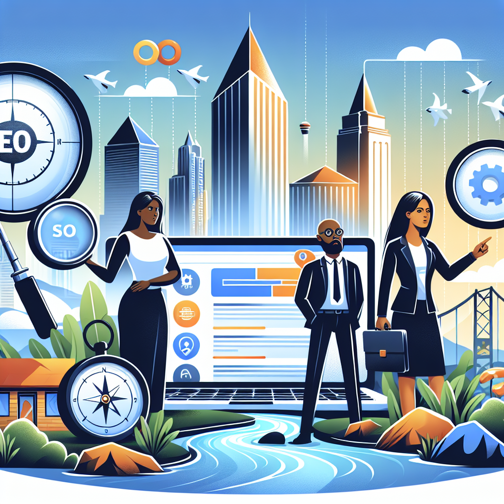 Illustrate an image showcasing a cityscape in the backdrop with skyscrapers and local businesses. Add elements of SEO, like a magnifying glass focusing on keywords, a navigational compass showing the local SEO direction, and a laptop displaying a SEO analysis website. Incorporate a few characters. Include a South Asian woman and a Black man both dressed in professional attire, discussing strategies, pointing towards the information represented on the laptop screen. Lastly, incorporate visual metaphors expressing fluidity and effortlessness, such as a stream smoothly navigating through rocks.