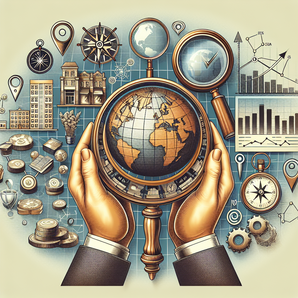 Depict a detailed and informative collage conveying the complex topic of Local SEO. In this collage, include various elements such as an analog globe focusing on a small region, hands holding a magnifying glass over a city map, a traditional compass representing navigation, a bar chart or line graph illustrating growth in site traffic, a checklist marked with confident ticks, and a compass rose symbolizing geographical directions. The elements should be harmoniously blended together to create the impression of a cohesive strategy and action plan for local keyword research.