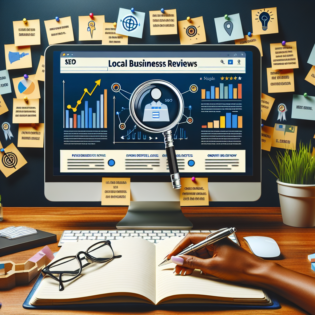 Envision a computer screen displaying a well-structured review article for local businesses with major SEO secrets pointed out for readers. The screen is flanked by key SEO icons like a magnifying glass, target, light bulb and growth bar chart. Behind the screen, the walls have post-it notes with brief points about SEO strategies, working as subtexts. The foreground is graced by an open notebook with the title 'Local Business Reviews', earmarked pages, and a silver pen resting on it. We can also uncover an African-American woman's hand, likely the business owner, clicking on the positive review chart on the screen.