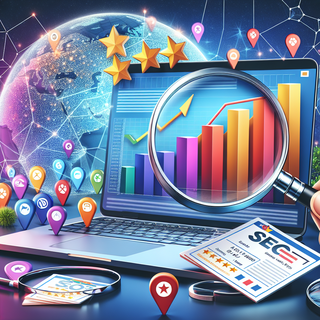 Imagine a dynamic and fascinating scene representing various aspects of SEO in the context of local business growth. Picture an open laptop displaying a colorful graph showcasing progressive growth. Next to it, a magnifying glass hovering over a stack of different five-star review cards for various local businesses. Include in the background, a globe with pins indicating local businesses around the world. Also, scattered strategically throughout the scene, are SEO-related elements such as keywords, SERP results and backlink chains. Remember to create a vibrant, engaging and informative image.