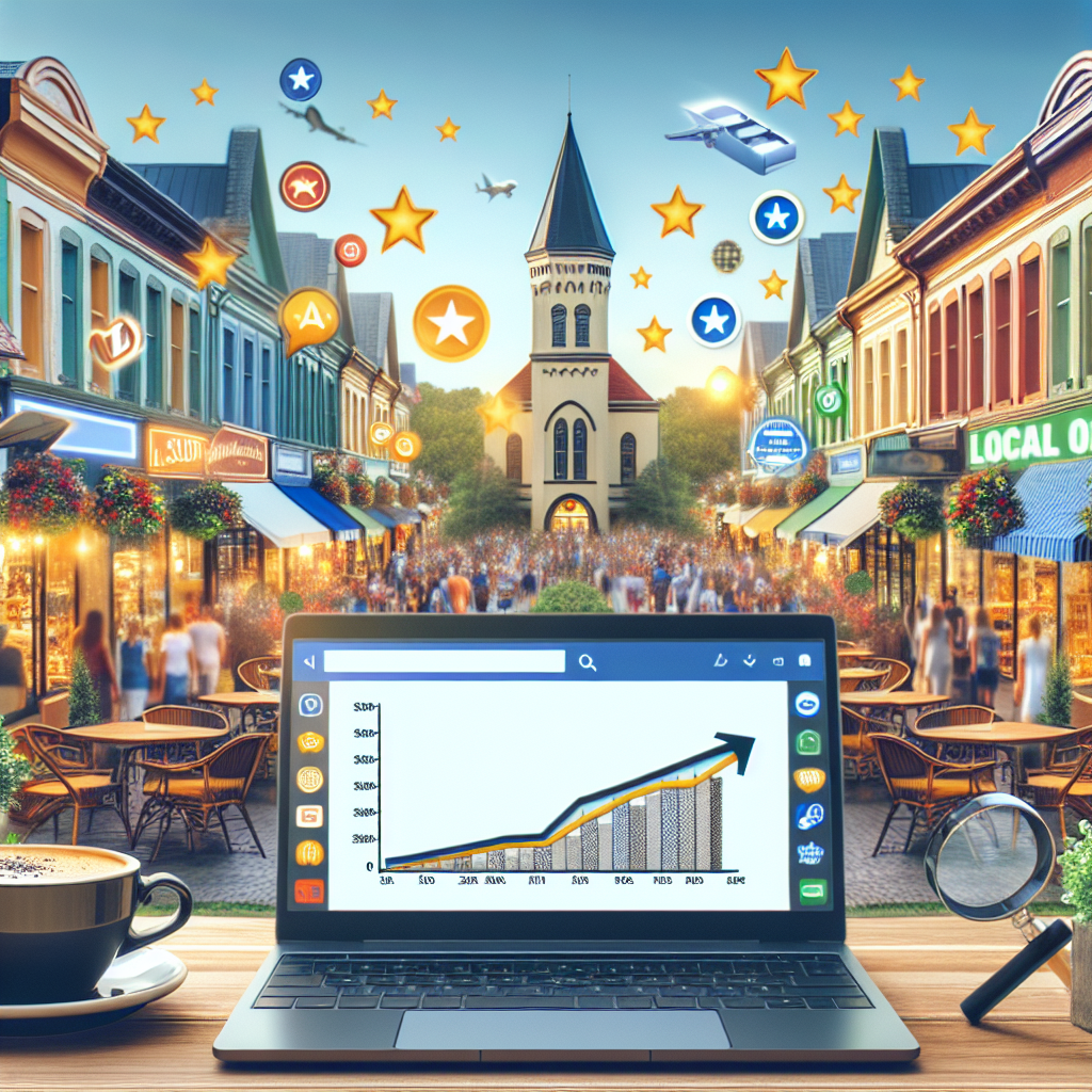 Imagine a picturesque scene of a bustling, lively downtown area. The local businesses - a diverse set of charming little boutiques, appealing cafes, and other retailers, are thriving. The walls of these establishments are adorned by large stickers signifying top-notch ratings from local review websites. In the foreground, a laptop is open with an SEO analyst software showing a positive graph, indicating the growth in online traffic and rankings for these businesses. Bright keywords related to local SEO strategies, such as 'Local Listings', 'Customer Reviews', 'Content Optimization', are emerging energetically from the laptop screen.
