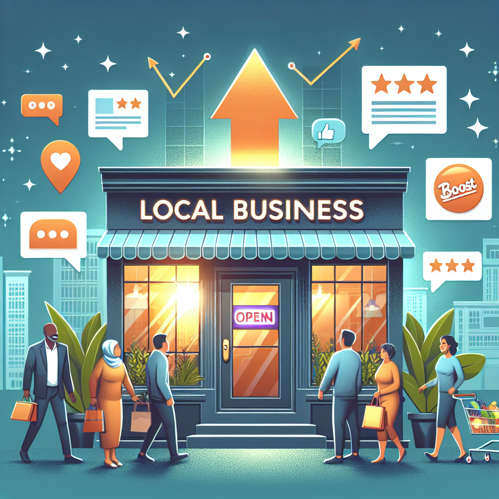 Visualize an illustration of a thriving local business getting a boost. The exterior facade of a store, representing a local business, brightly lit with warm light from the inside and a 'Open' sign on the door. Beside the store, show a large arrow pointing upwards, symbolizing a boost. Surrounding the business, depict essential elements like a map pinpointing its location, positive user reviews in speech bubbles and small graphic icons of business listings. In the foreground, show a diverse group of customers approaching the store - a Black man in a professional suit, a Middle-Eastern woman carrying grocery bags, and a Hispanic elder with a walking stick.