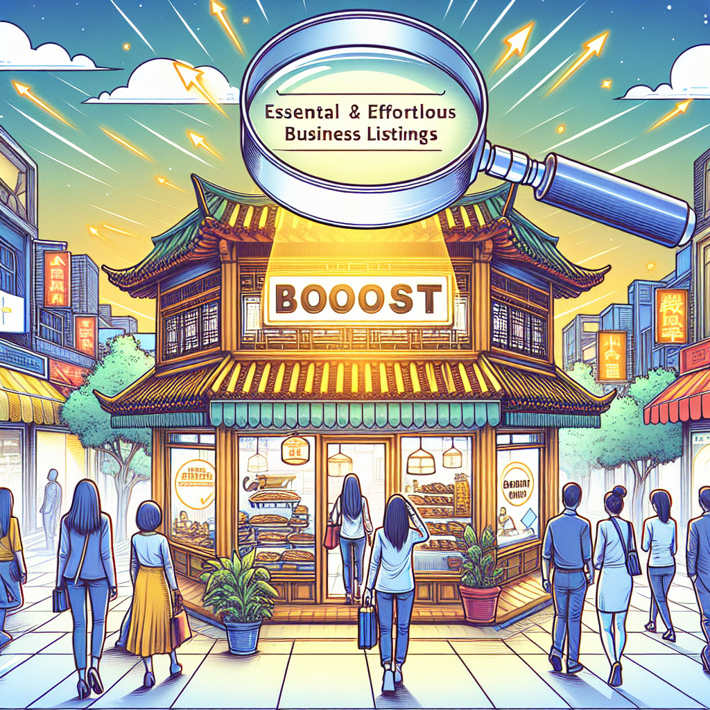 Illustrate an image of a small, modern Asian-style business storefront on a bustling city street. The overhead signage indicates it's a bakery. Depict diverse people of various ages browsing, indicating business activity. In the sky above, visualize a magnifying glass focusing on the storefront. Light rays emanate from the magnifying glass, symbolizing visibility. The rays transform into upward-pointing arrows, representing a boost. At the top of the image, include text reading 'Local Citations Boost: Essential & Effortless Business Listings'. The image should be vividly colored to catch the viewer's attention.