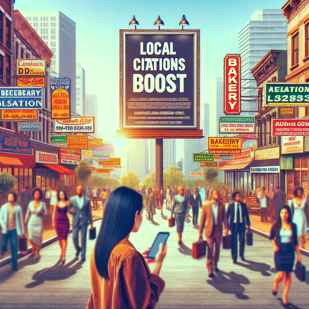 Picture an urban street on a sunny day, bustling with activity. Prominently in the foreground, there's a towering billboard displaying the words 'Local Citations Boost' in bold, eye-catching letters. Further down the street, numerous colorful business signs hang above various shops, each listing essential services like a bakery, a barber, a florist, etc. Among the mixed crowd of Caucasian, Hispanic, and Black people walking by, a South Asian woman is seen, looking up at the billboard, holding a smartphone - signifying effortless business listings. This scene encapsulates the essence of a city embracing local businesses and the power of local citations.