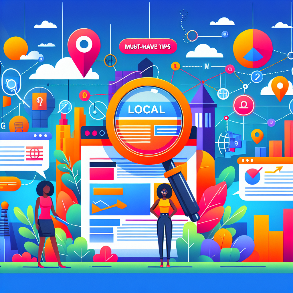 A colorful infographic in a flat-style design illustrating the concept of local on-page SEO. The scene includes various elements such as a large magnifying glass inspecting a website filled with SEO-related keywords, an avatar representing a Black woman SEO expert examining the website, hyperlink chains connecting different webpages, and graphs showing improvement in website ranking. In the background, there is a cityscape symbolizing 'local' SEO. Text overlaps include 'Must-Have Tips' and 'Effortless Optimization' in standout, vibrant colors.