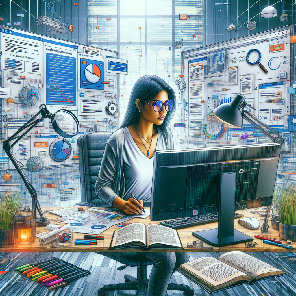 Picture an intriguing and highly detailed modern office scenario. The center of the frame is dominated by a South Asian woman, the SEO expert, working on a large dual monitor setup that reveals a plethora of SEO tools and analytics data. She wears glasses and is concentrating intently on her task. To her side is a whiteboard full of actionable on-page SEO tips written in colorful markers. Nearby, you'd find an open, minimalist style book displaying the title 'Effortless Optimization'. Various SEO related icons, such as a magnifier over a webpage, keywords, and a web structure, are floating around the room, signifying the immersive SEO environment.