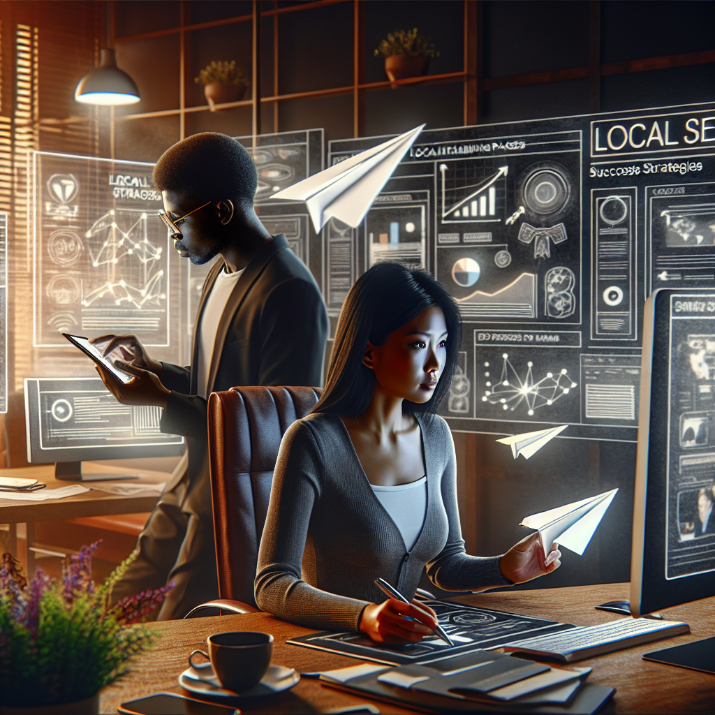 An elegant scene unfolding inside a digital marketing agency. An Asian female SEO manager is intensely focused on her computer screen, which displays detailed analytics for local landing pages. Next to her, a Black male web designer is sketching out stunning new landing page designs on his digital tablet. On a whiteboard in the background, the keywords 'Local SEO' and 'Success Strategies' are prominently highlighted. Paper planes made from pages of SEO strategies and techniques are seen flying across the room, symbolizing the implementation of these strategies. The room is vibrant with creative energy, illuminated by the soft glow of screens.