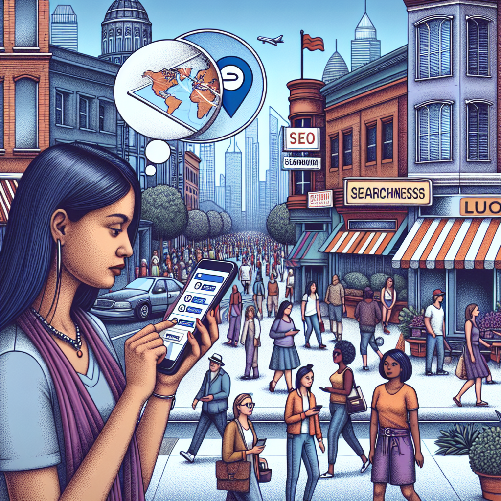 A detailed scene depicting a casual cityscape crowded with people of different descents like Caucasian, Black, Hispanic, Middle-Eastern, and South Asian. In the foreground, a woman of South Asian descent is using her smartphone, visibly engrossed in searching for local businesses in her immediate vicinity. On the smartphone screen, show a map of the city pinpointing several nearby businesses. Floating above the woman's head, there's a thought bubble containing an SEO icon, demonstrating her search strategy. In the background, various storefronts and buildings help create a lively urban atmosphere.