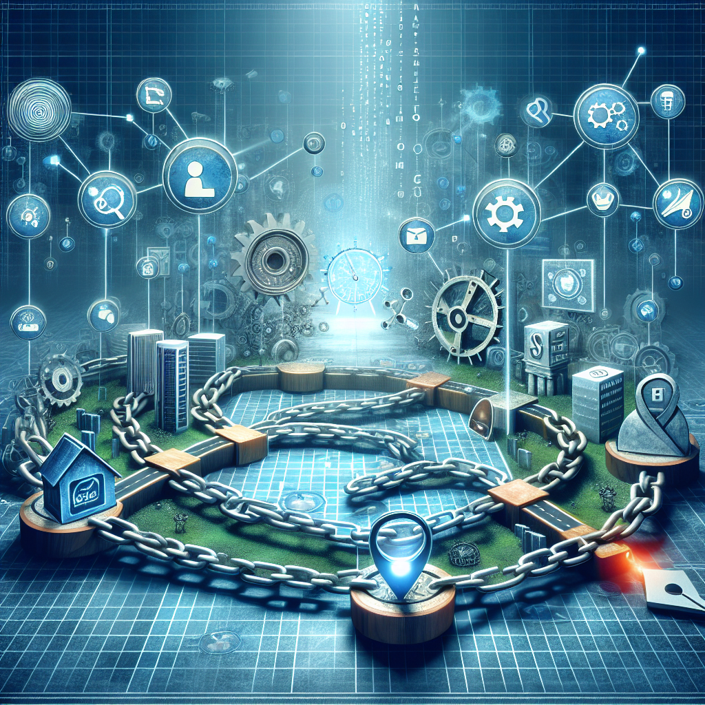 Create a detailed and informative picture that highlights the concept of local backlinks. Incorporate symbols representing 'secrets' such as a keyhole or a hidden treasure chest. Display various link chains indicating backlinks, possibly originating from small abstract representations of local businesses or websites. Include elements symbolizing 'strategies,' like a chess board or a navigational compass. The essence of 'Effortless SEO' should be represented in the image, perhaps through a smoothly functioning gear system or an open highway leading to a target marked as 'SEO success'. The scene should be set against a backdrop of cool, digital-like colors, to emphasize the internet and digital marketing theme.