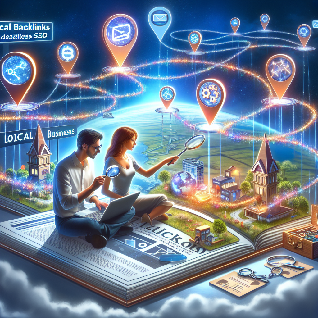 A conceptual illustration depicting the process of online SEO tactics. Picture a digital landscape with symbolic landmarks representative of local business websites, connected by shimmering chains of backlinks flowing between them. Nearby, include a man and woman from mixed descents, with the man being South Asian and woman being Caucasian, both shown as digital marketing strategists, working together on a laptop. They are visibly interacting with the SEO elements around them, representing them implementing unique and easy-to-use local backlink strategies. A digital 'toolbox' should be present too, hinting at the must-have strategies. Text elements in the image: 'Local Backlinks Secrets: Must-Have Strategies for Effortless SEO'.