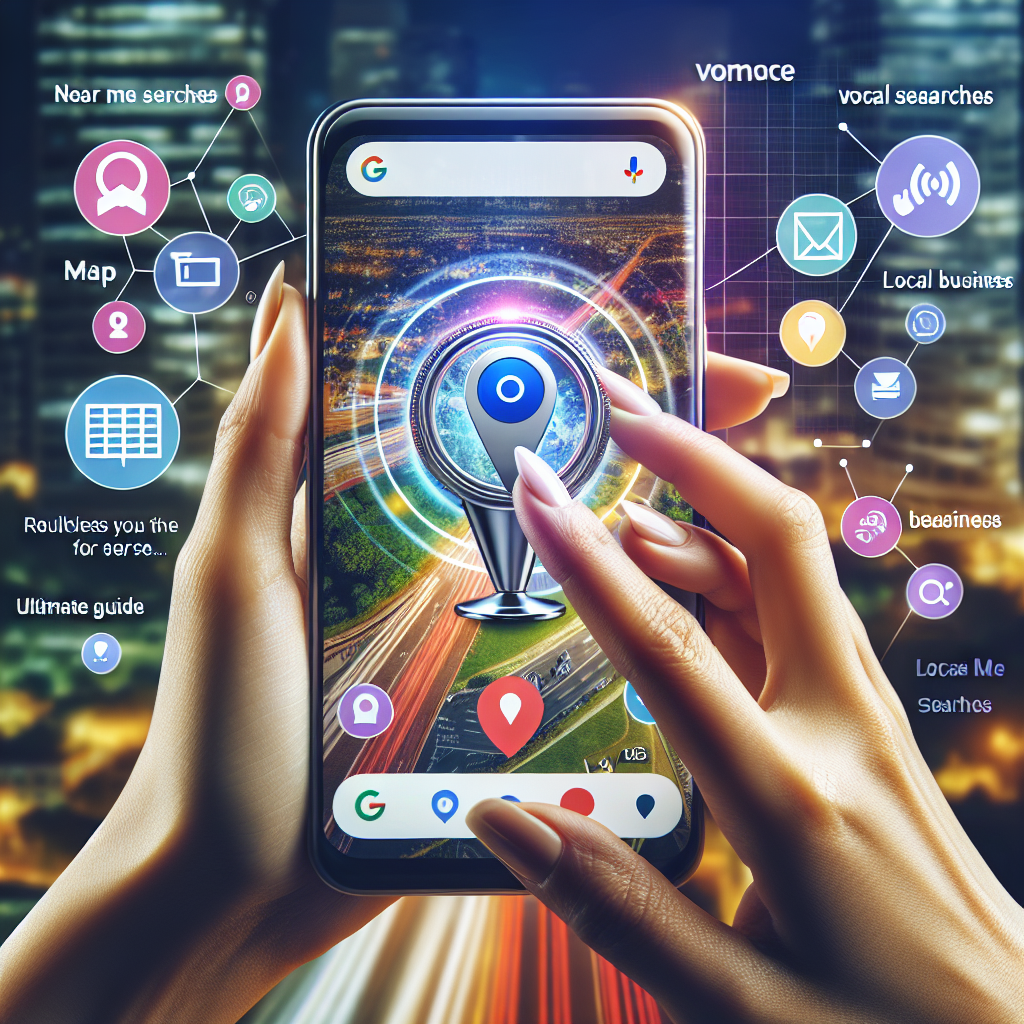 Imagine an image capturing the essence of local SEO optimization for voice searches. Envision the close-up of a female South Asian hands operating voice search on a sleek smartphone. The phone screen features colorful icons of map, local businesses, and GPS signals. Round the frame off with phrases like 'Near Me Searches', 'Ultimate Guide', and 'Effortless Local SEO' floating around the scene. In the background, a blurred view of a vibrant city represents the local search area. The goal is to give the feeling of modern technology making local search easy and efficient.