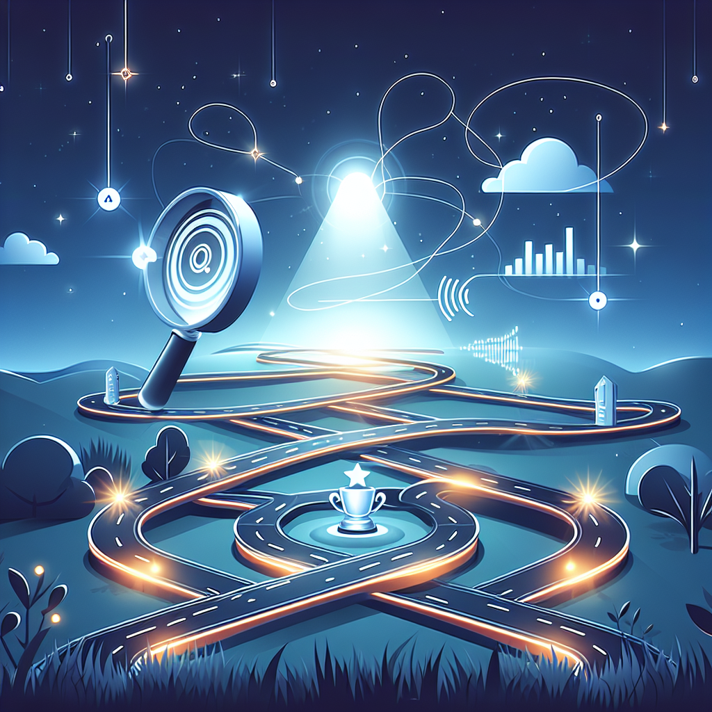 Illustrate a clean, modern, digital landscape. Include an intricate roadmap intertwining, symbolizing local SEO strategies. Depict a large magnifying glass hovering over the roadmap, emphasizing the concept of 'Near Me' searches. Integrate audio waves emulating from a smart device at one end of the roadmap, signifying voice search. Display a sparkling trophy at the other end of the road, indicating ultimate success. Add a clear sky with stars and a rising sun, hinting the continuous evolution of search engine optimization. The ambient lighting should highlight the roadmap and the smart device.