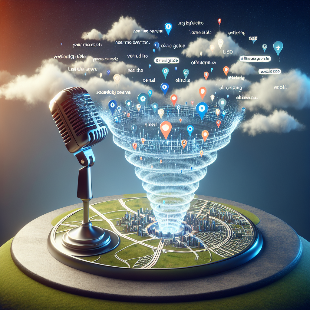 An educational image illustrating the concept of local SEO in relation to voice search. Display the visualization of sound waves emerging from a vintage microphone to symbolize voice search. The sound waves transform into a detailed roadmap with numerous local businesses marked on it, symbolizing local SEO. Incorporate phrases like 'Near Me Searches', 'Ultimate Guide', and 'Effortless' into the design, maybe by floating them in speech bubbles or embedding them in the roadmap itself. In the background, depict a sky with 1's and 0's forming into clouds to signify the digital nature of the concept.