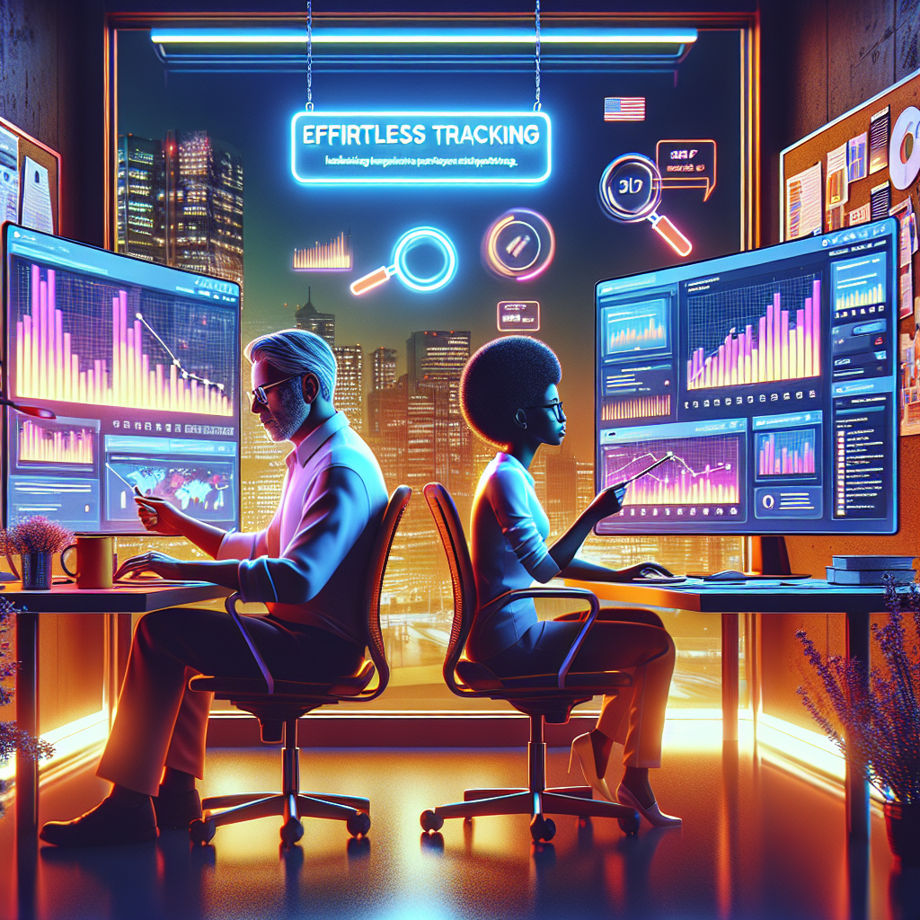 Envision a vibrant digital overture: a mid-aged Caucasian male and a youthful Black female collaborating in a modernized office space. They are deeply engrossed in a task relating to local SEO analytics on dual screen workstations. The desktop screens unveil dynamic bar graphs, heat maps, and trend lines demonstrating an unprecedented rise in key metrics. A neon sign hanging above them illuminates the phrase 'Effortless Tracking'. A nearby pin board dotted with keywords and infographics keeps them centered, and a faded cityscape observed through a glass wall behind adds a localized element. A magnifying glass hovers above, symbolizing the revealing nature of thorough analysis.