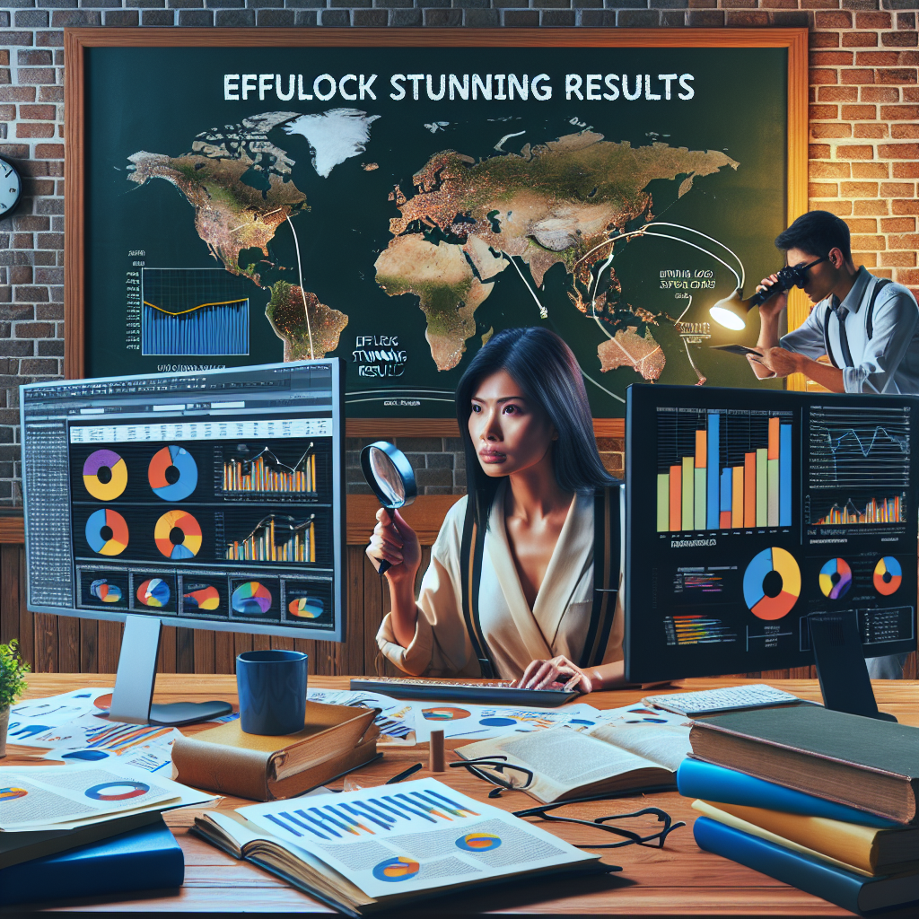 Picture a busy local business office scene. An East Asian woman is seated at a desk overflowing with graphs, charts, and spreadsheets related to SEO analytics. She's analyzing the data from her two monitors, projecting colorful line graphs and pie charts. A hardcover book titled 'Effortless Tracking' is by her side. On the wall hangs a chalkboard where 'Unlock Stunning Results' is inscribed. Nearby, a Middle-Eastern man is seen looking through a magnifying glass at a large world map, pinpointing local cities and connecting them with lines, indicating the expansion of their reach.