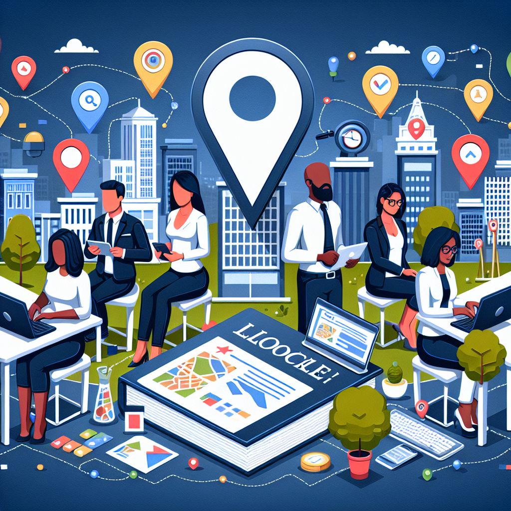 An image showcasing the concept of Google Business Profile Optimization with elements of local SEO. There is a city map in the backdrop with various local business markers popping up. Additionally, there is a magnifying glass hovering over one of the local business markers showing improved ranking. The foreground features a diverse group of business people – a Hispanic woman, a Black man, a Middle-Eastern woman, and a Caucasian man – who are working on their profiles on computers and tablets. A guidebook titled 'Must-Have Guide for Top Local SEO' lies on the table they're working on.