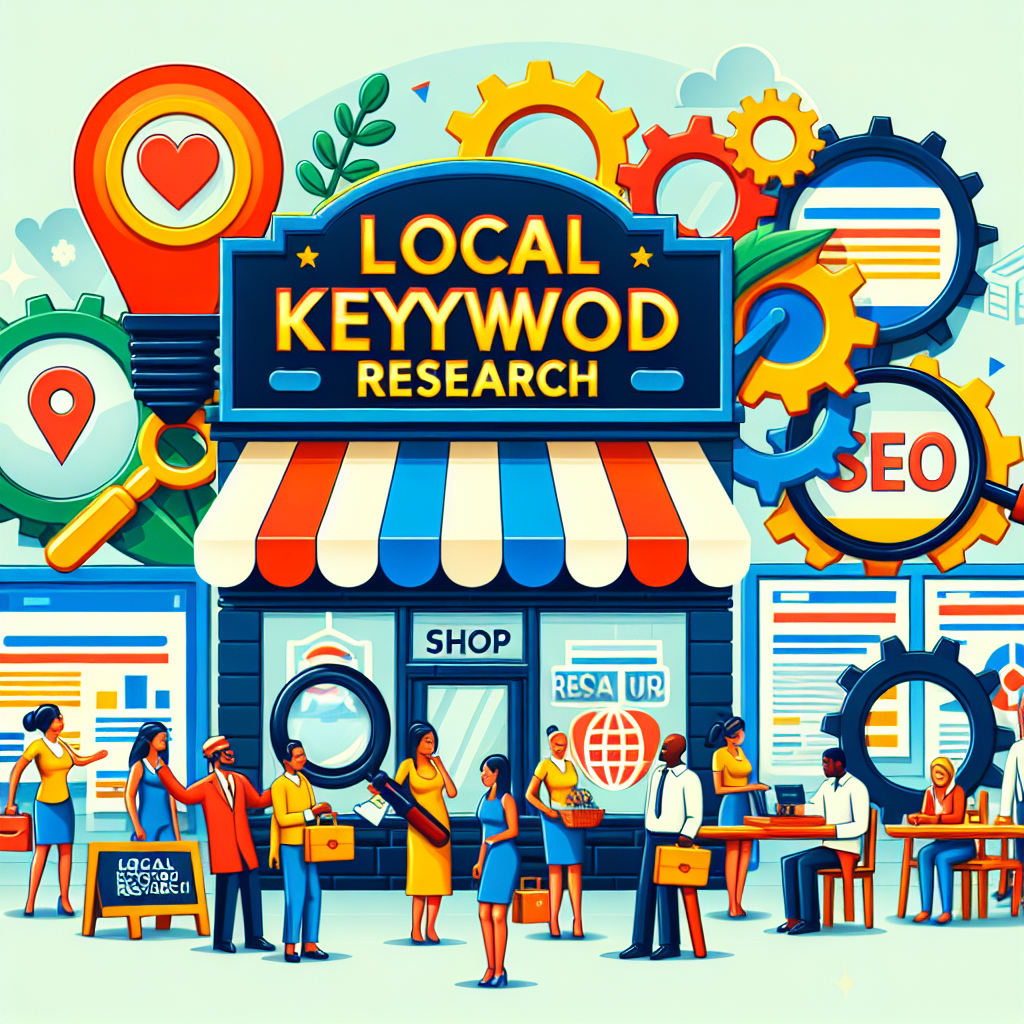 Visualize a bustling small business scene where there's a vibrant signboard representing 'Local Keyword Research' hanging on the front. Around it, various SEO symbols like magnifying glasses analyzing key terms, web pages framed as shop signage, and gears turning to signify optimization efforts. Include a diverse range of business owners such as a Middle-Eastern man smiling as he confidently handles a large keyword, a Hispanic woman assisting customers with their SEO inquiries, and a Black man adjusting the position of the local SEO indicator. The scene should communicate the essential and stunning impact of local keyword research for small business SEO.