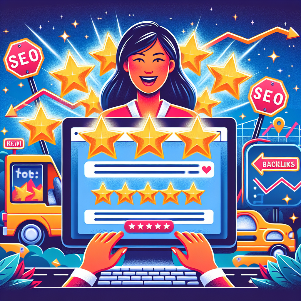 Imagine a vivid, eye-catching illustration that encapsulates the topic of 'Local Business Reviews: Must-Have Tips to Boost SEO Success'. In the forefront, picture a computer screen displaying a local business website filled with shining five-star reviews. Nearby, there's an East Asian woman enthusiastically typing on the keyboard, symbolizing engagement and SEO optimization. Background elements should include traffic signs with SEO relevant terms such as &ldquo;keywords,&rdquo; &ldquo;backlinks,&rdquo; and &ldquo;content,&rdquo; and a graph gracefully rising upwards, symbolizing increased web traffic and success. Overall, encapsulate the connection between positive reviews and search engine visibility.