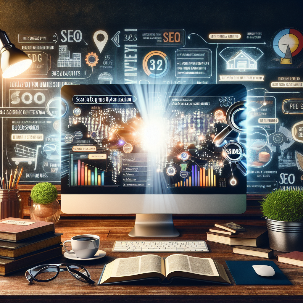 An engaging scene of a contemporary computer screen displaying intriguing search engine optimization (SEO) metrics and strategies. In the foreground, a variety of locally-owned business websites are highlighted, representing a multitude of diverse industries from a bakery to a plumbing store. In the background, insightful tips for boosting SEO success are thoughtfully scattered, and a bright white light illuminatively emanates from the screen, symbolizing the positive business growth that SEO can bring. The screen is atop a wooden vintage desk, with a neat stack of hardcover business strategy books and a steaming cup of coffee on the side.