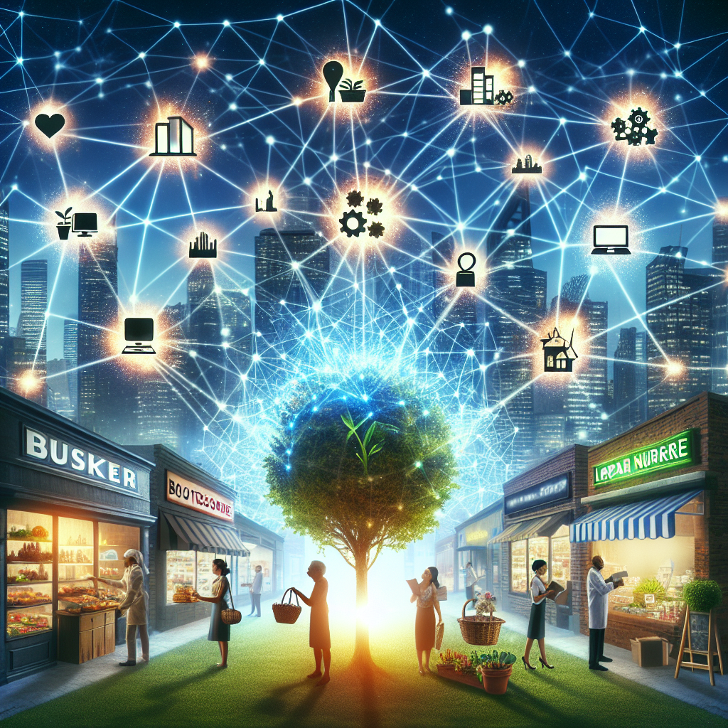 Visualize an image portraying a bustling cityscape with various types of businesses, for instance, a Caucasian female baker at her bakery, a Black male running a bookstore, an Asian woman managing a plant nursery, a Middle eastern man tending to a hardware store, and a Hispanic woman at her tech start-up office. In the sky, link these businesses with vibrant, glowing lines forming a network, symbolizing local citations. This web of links is emitting radiant energy towards a rampant, flourishing tree that represents business growth in the centre of the image.