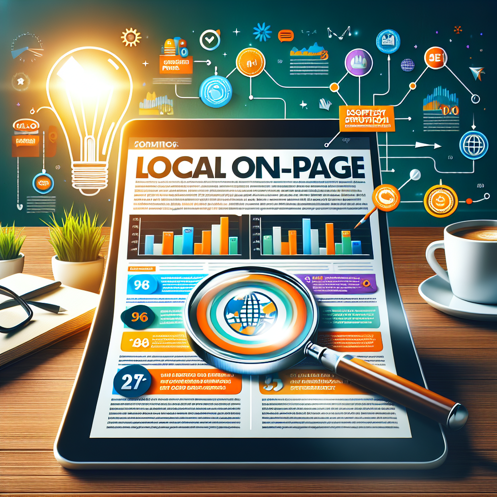 Picture an online article page open on a digital tablet, the screen brightly illuminated with information on local On-Page SEO strategies. The article has bold subheadings, each symbolizing a must-have strategy for effortless optimization. With multicolored graph charts and statistics, the infographics tells the story of effective SEO techniques. A magnifying glass hovers over the page, symbolizing the concept of SEO scrutiny. In the backdrop, there's a bright bulb radiating a warm glow, metaphorically representing the enlightenment provided by a well-optimized webpage. All this sits on a neat wooden desk with a cup of coffee.