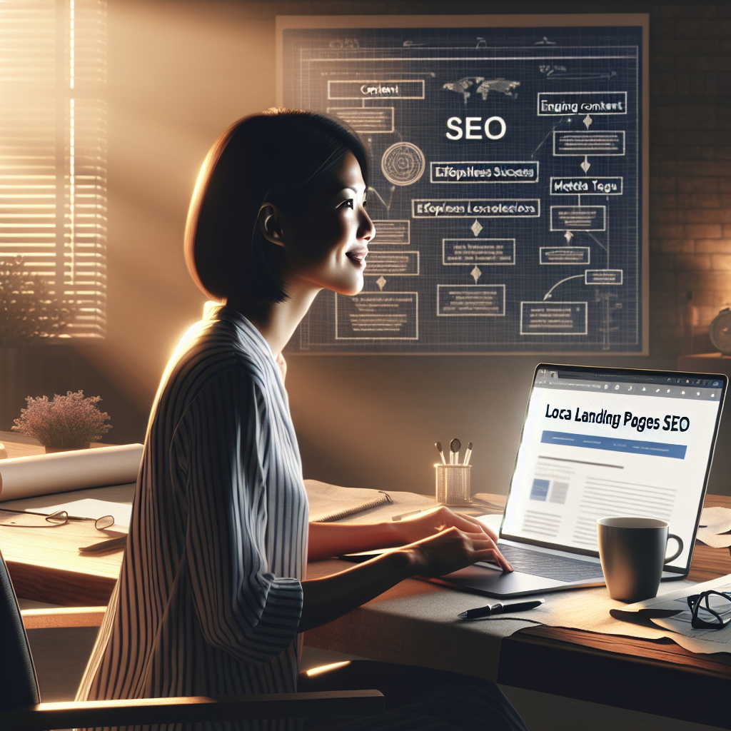 A successful digital marketer sitting at a large desk, illuminated by the soft glow of a laptop screen. She's Asian with short hair. On her laptop screen, she has a webpage titled 'Local Landing Pages SEO' open. Beside her, a large blueprint paper unrolled reveals strategies for effortless success, including engaging content, meta tags, and keyword optimization. On the other part of the desk, a cup of coffee and a notepad with SEO handwritten on it. The room is softly lit, creating a serene and focused atmosphere.