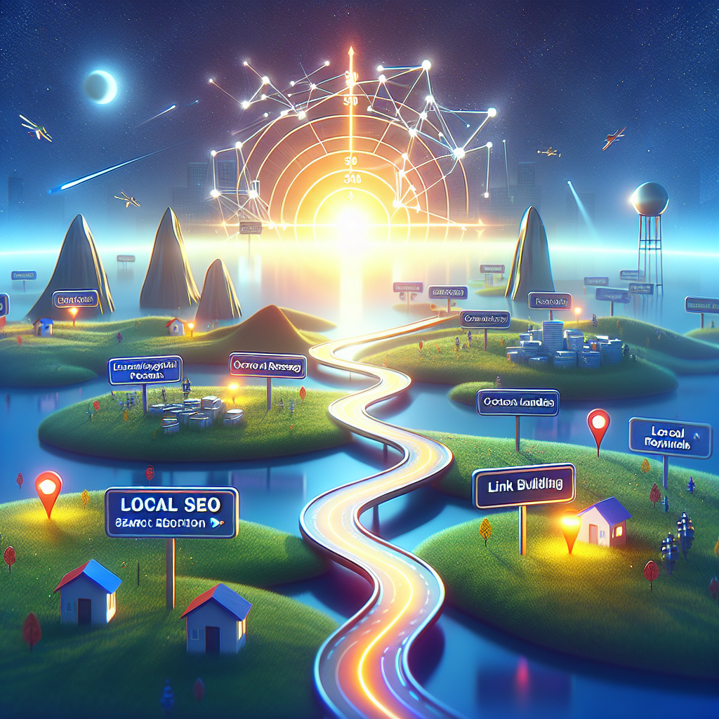 Envision a digital landscape representing the world of search engine optimization (SEO). There's a highlighted path marked 'Local SEO' leading towards a large, radiant target symbolizing 'Effortless Success'. Along this path, there are signposts with SEO strategies such as 'Keyword Research', 'Content Optimization', and 'Link Building'. Nearby, there are web pages like smaller islands, representing local landing pages, well-connected by bridges of backlinks. The setting sun, casting a warm glow, represents the end goal of improved web traffic and visibility.
