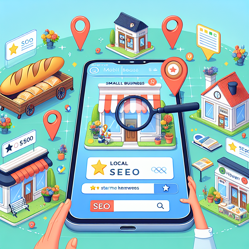 Depict an engaging scene that represents Mobile Local SEO. Imagine a smartphone in the centre of the scene, its screen brightly displaying a local business search result. Nearby, several small business icons are visible - a bakery with a fresh baguette sign, a cozy bookstore with books stacked high, a flower shop with a vibrant floral display. Interwoven with these icons, show SEO relevant imagery such as a magnifying glass inspecting keywords, a customer review star rating, and various location pins marking the businesses on the smartphone screen. Make sure to evoke a sense of growth and success.