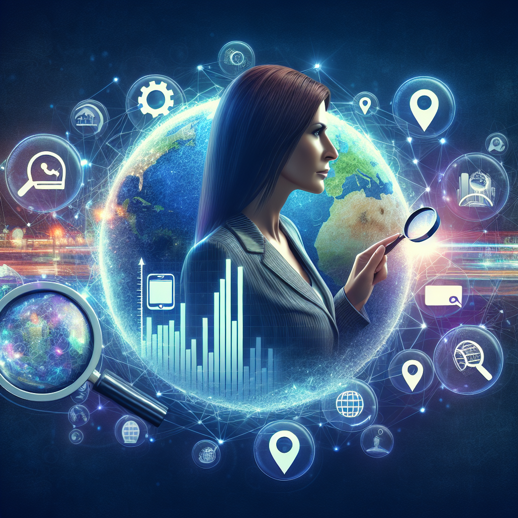 Visualize a digitally illustrated scene that represents local SEO for small businesses and their success. At the center, depict a Caucasian female small business owner hovering her hand over a globe. The globe is integrated with a magnifying glass highlighting a local area. Around the globe, abstract visuals of SEO related icons and symbols such as, keywords, mobile devices, website codes, GPS location pin, and search engine logos are floating in digital bubbles. These bubbles are leading towards a bar graph in the corner, showing positive growth, symbolizing success.