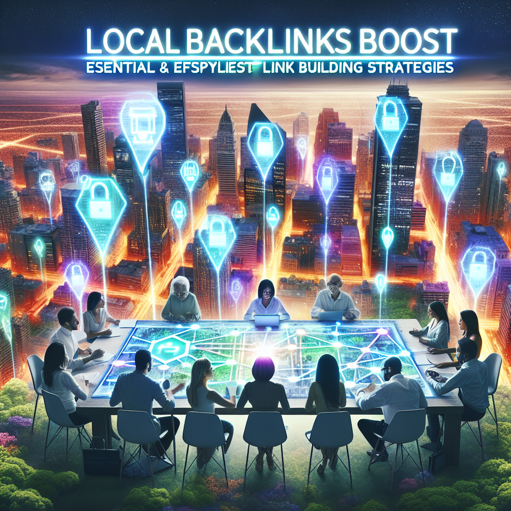 Envision an aerial view of a vibrant city, with skyscrapers closely knit together, representing a local network. Embedded within these buildings, imagine glowing hyperlinks, forming a web of interconnected pathways. Nearby, a group of diverse individuals—young Hispanic woman, elderly black man, and a middle-Eastern male teenager—busily strategize at a huge digital table. On the table is a blueprint of link building strategies with various symbols representing essential and effortless techniques. Above this scene, the phrase 'Local Backlinks Boost: Essential & Effortless Link Building Strategies' is brightly glowing.