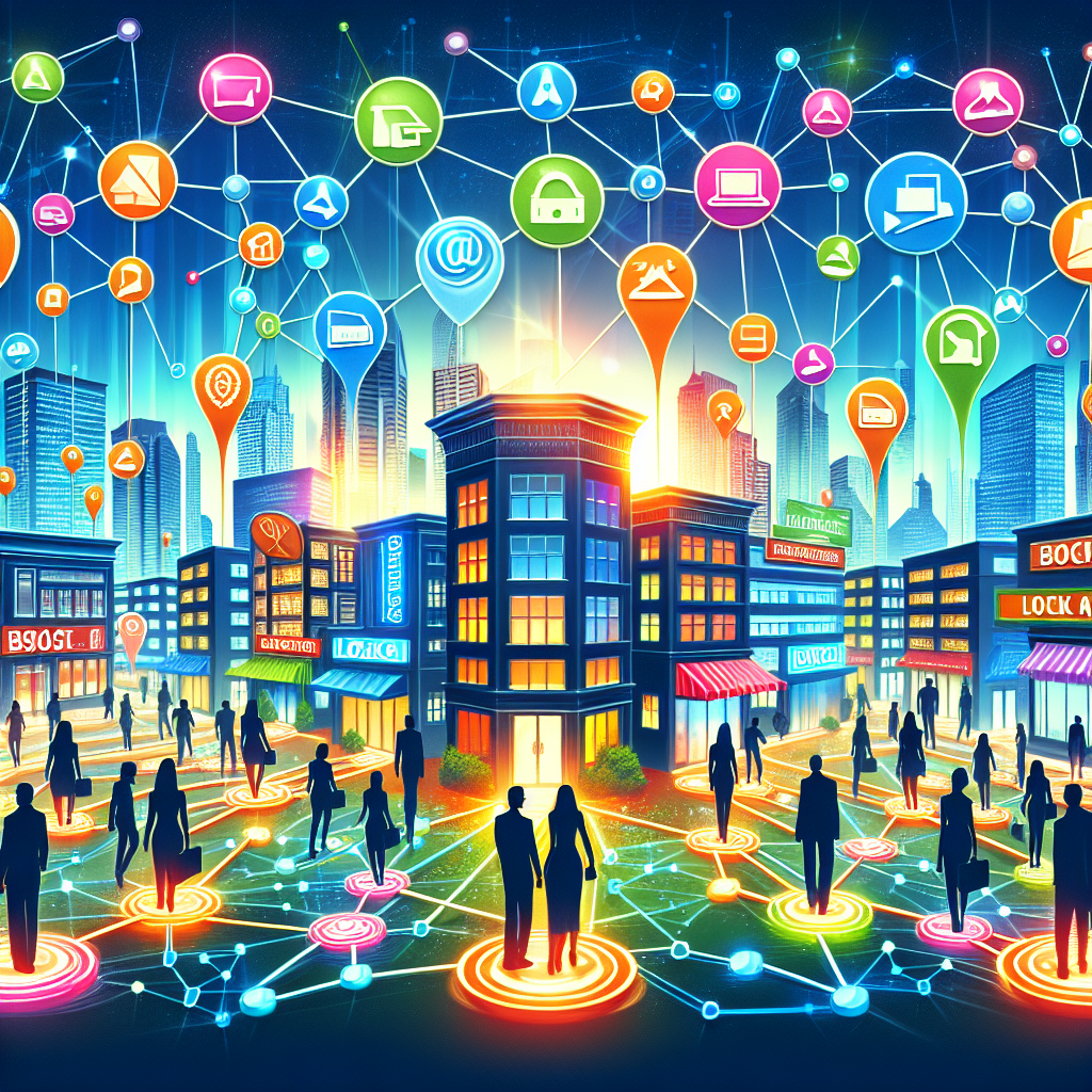 Illustrate a conceptual image for an article about enhancing local backlinks. Display a vibrant cityscape with various brick-and-mortar stores and digital elements, symbolizing online presence. Have a multitude of vibrant, shiny links connecting the physical stores to distinct, abstract symbols of different local websites. Depict people of various descents and genders balancing these links, metaphorically showing the process of link building. The image should demonstrate the intricacy yet importance of local website associations, hinting at the 'boost' it provides to the businesses' online visibility.