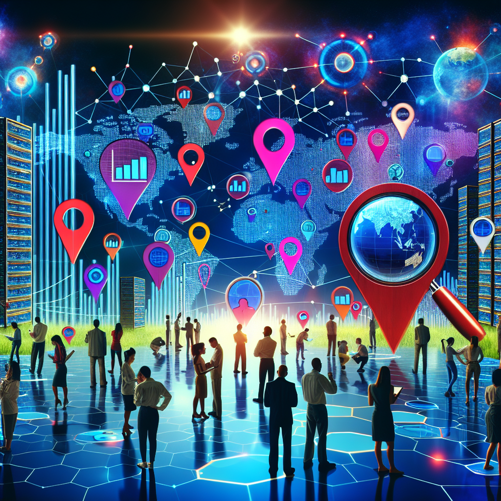 Imagine an abstract digital landscape representing Local Search Engine Optimization. In the foreground, an diverse mix of individuals are examining a large, dynamic screen collage filled with data visualizations like bar charts, keyword clouds, histograms and world maps. Pinned locations highlight areas of interest on the maps. Some people are taking notes, some are brainstorming with their peers, and some are simply observing, representing different ways people interact with SEO analytics. In the background, vibrant neon representations of server racks and network nodes symbolize the digital nature of SEO work. All of this under a sky filled with magnifying glasses, symbolic of the tracking focus in SEO.
