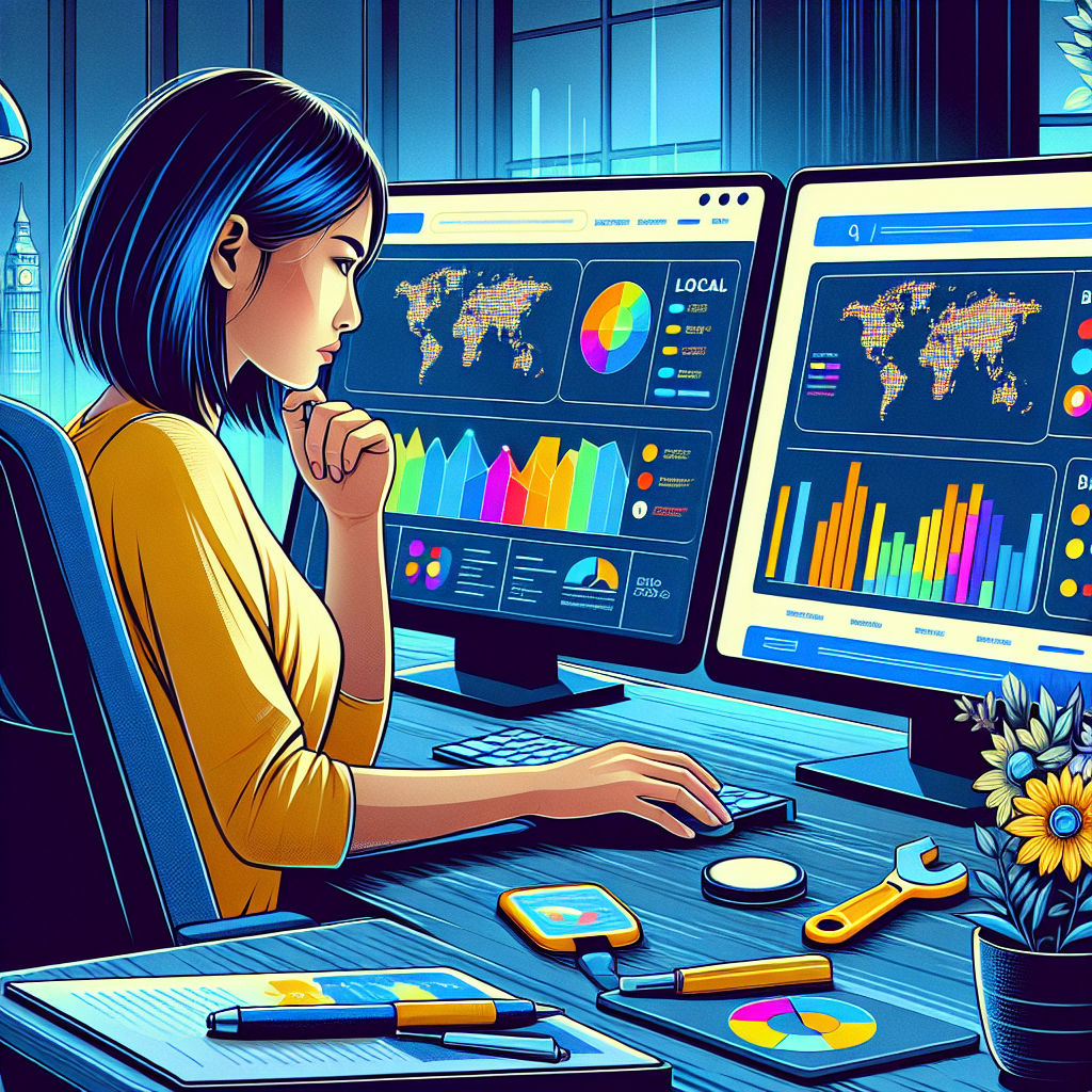 Illustrate an image representing the concept of local SEO analytics. Show a scene of a Southeast Asian woman sitting at a desk in a modern office environment. She is deeply engrossed in her work, with her eyes focused on two split screens. The left screen displays a dynamic world map indicating global web traffic. The right screen shows a bar graph chart indicating the website's local search ranking status, with vibrant colours used for different parameters. Other essential SEO tools like keyword lists and backlink checkers are visible on her desk as physical objects, reimagined as durable tools - a hammer, a ruler, etc. The entire image should evoke a sense of focused, engaged work in managing and improving website rankings.
