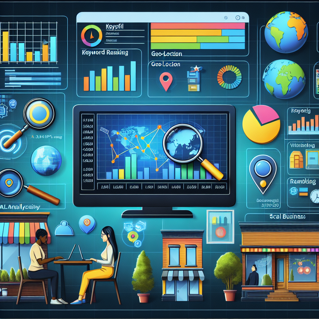 Visualize an image pertaining to local SEO analytics. Display a digital screen showing colorful graphs and charts showing keywords ranking, geo-location tracking, and data analysis. Feature icons of essential digital marketing tools such as a magnifying glass for keyword search, a globe denoting geographic data, and a pie chart for analysis. Have a backdrop related to local businesses, featuring diverse building structures like a cafe, bookstore, and other small-scale local businesses. To highlight the diversity, include an Asian female analyst studying the data and a Black male business owner benefitting from the SEO strategy.