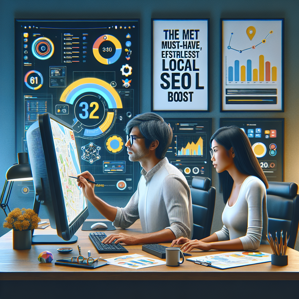 Visualize a digital scenario where a Caucasian male and Asian female are sitting at a modern styled desk, engrossed in building and improving a company's Google Business Profile on a large computer screen. They are striving to enhance local SEO and their expressions display a sense of dedication and focus. Various digital marketing tools, graphs, charts and maps are seen on the computer screen. Nearby, a framed motto reading 'The Must-Have, Effortless Local SEO Boost' inspires them. The background of the scene is filled with elements symbolizing innovation and technology, such as creative tech-inspired artworks and cutting-edge devices.