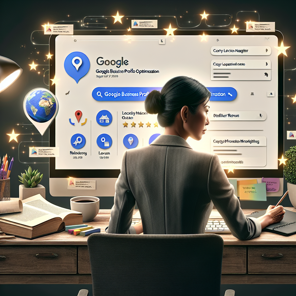 Imagine a digital workspace showcasing a computer screen displaying a Google Business Profile page filled with immaculate details and intuitive optimizations. Contents include a catchy business name, clear location marking, attractive photographs of the business, and stellar reviews, symbolizing top-notch Local SEO practices. An Asian woman is seen working attentively on the profile, symbolizing efficiency and efforts towards local SEO boost. The room surrounding the woman exhibits a professional ambiance with notes, coffee cup, and SEO books on ‘Google Business Profile Optimization’ scattered around, signifying her dedication to mastering the SEO.