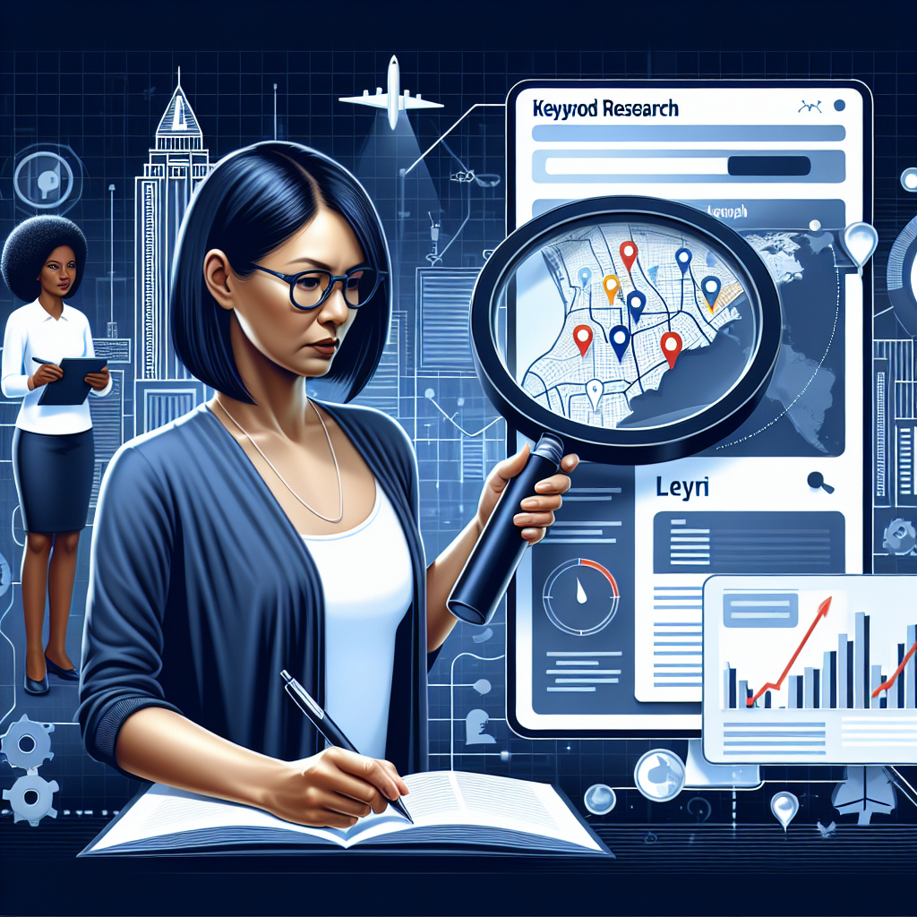 Keyword research for search engine optimization is a woman of South Asian descent looking at a city-drawn map on a large screen. With a magnifying glass in her hand, she's examining keywords that symbolize popular search data. Beside her, a man of Hispanic descent takes notes, capturing the most relevant city-specific SEO trends. Another scene shows a Black woman coordinating and updating a user-friendly local business database with real-time data, which is represented visually with colorful graphs and charts. She's doing this seamlessly with speed and efficiency symbolizing 'effortless' approach.