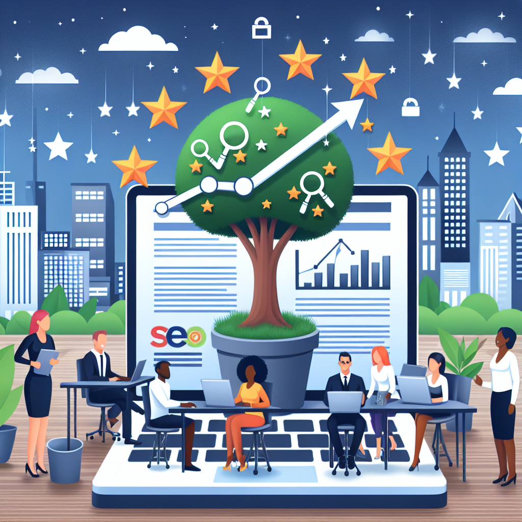 Create an image illustrating the concept of a successful local business growth due to SEO strategies. The image should represent an increase in positive reviews as a metaphorical tree growing from a laptop keyboard, with stars symbolizing reviews. Include multicultural individuals happy and satisfied around the laptop. Ensure the laptop displays a web page showing search engine optimization tools, charts, and graphs demonstrating the progress. Also include a small city landscape in the background representing local businesses. The setting should be an office environment with modern equipment.