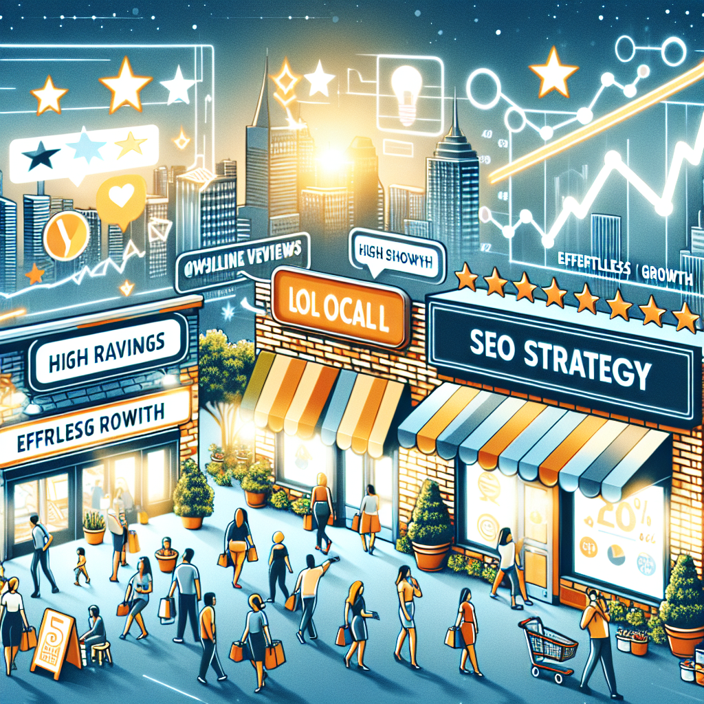 Depict a bustling local business, with various customers happily engaging in shopping. Show a big storefront with visible store signage. Nearby, illustrate a large screen showing positive online reviews and high ratings being submitted in real time. Overlay the image with phrases like 'SEO Strategy' and 'Effortless Growth' shining above the store and understated visualizations of increasing graph lines subtly highlighting the idea of growth. In the background, show a diverse cityscape to emphasize the local aspect. Maintain a balance between vivid colors and businesslike seriousness.